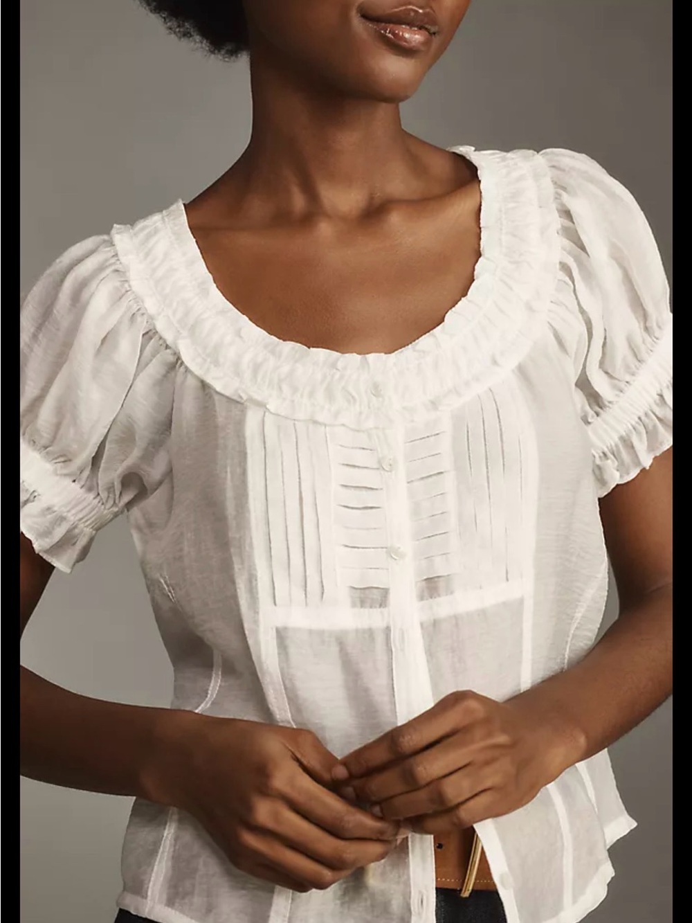 Pilcro White Ruffled Pintuck Short Sleeve Blouse
